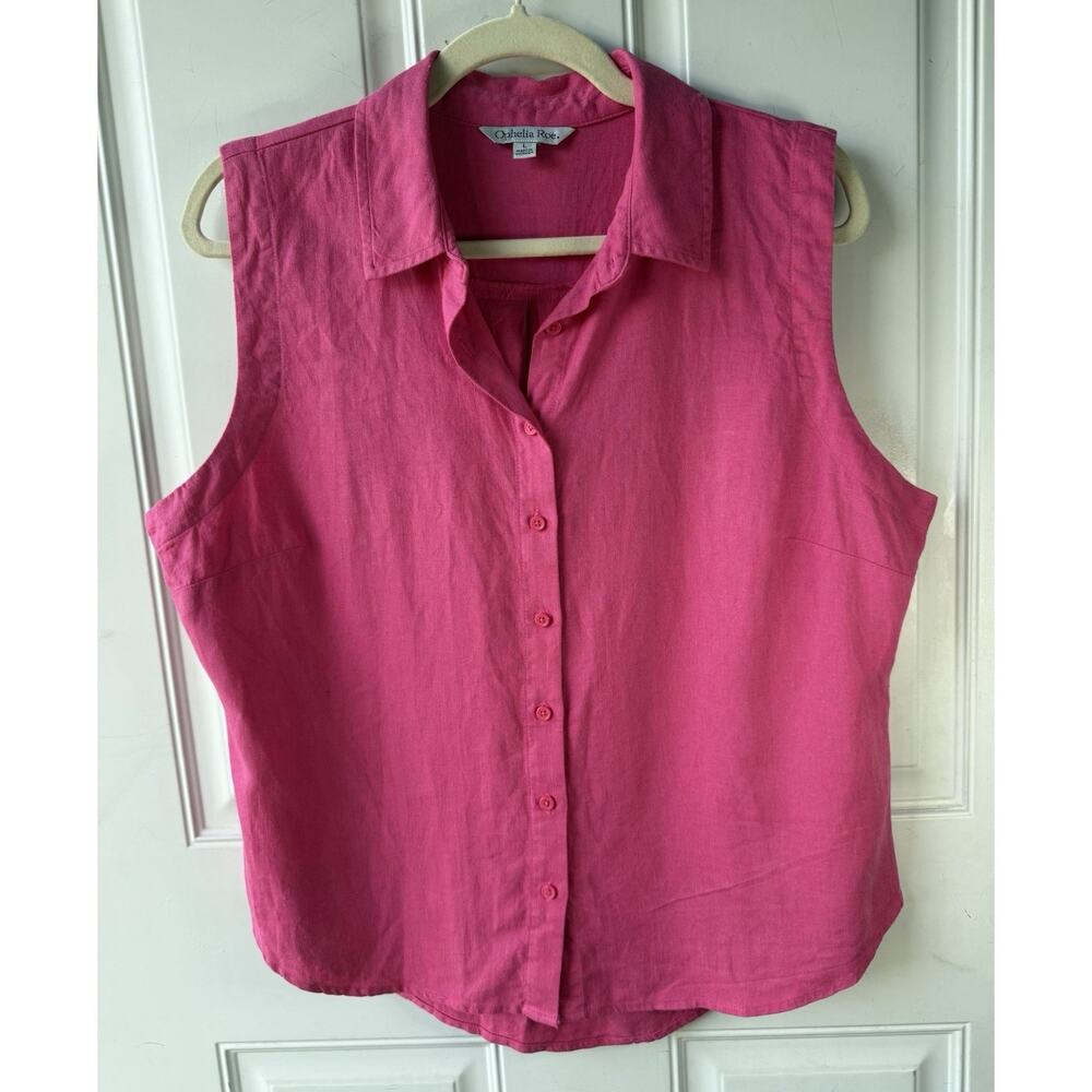 Ophelia Rose Blouse Womens L Pink Button Up Sleeveless Linen Coastal Resort